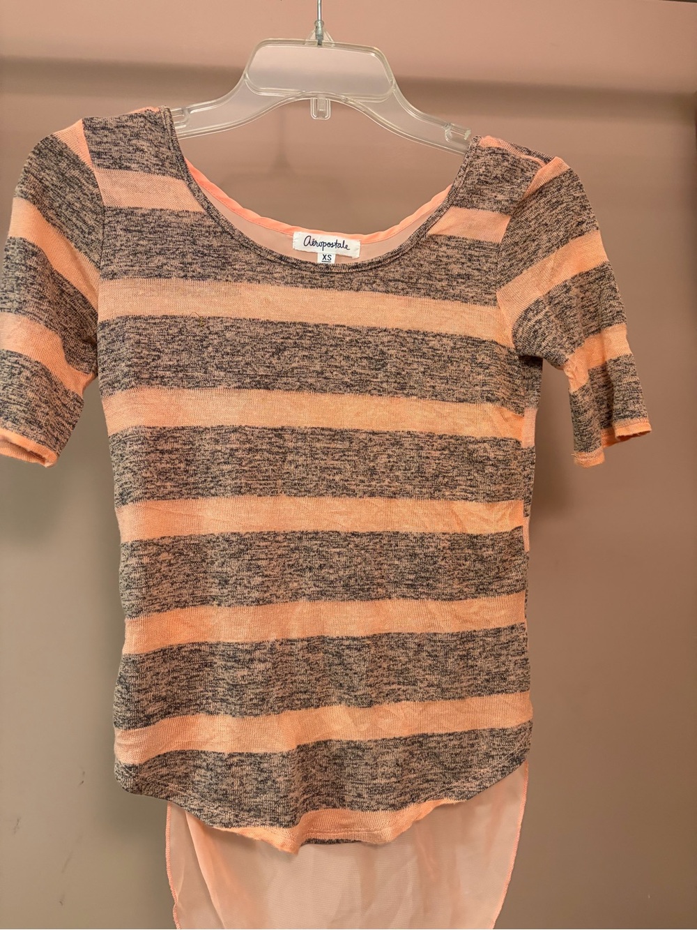 Aeropostale Peach and Gray Striped Short Sleeve Top with High-Low Hem